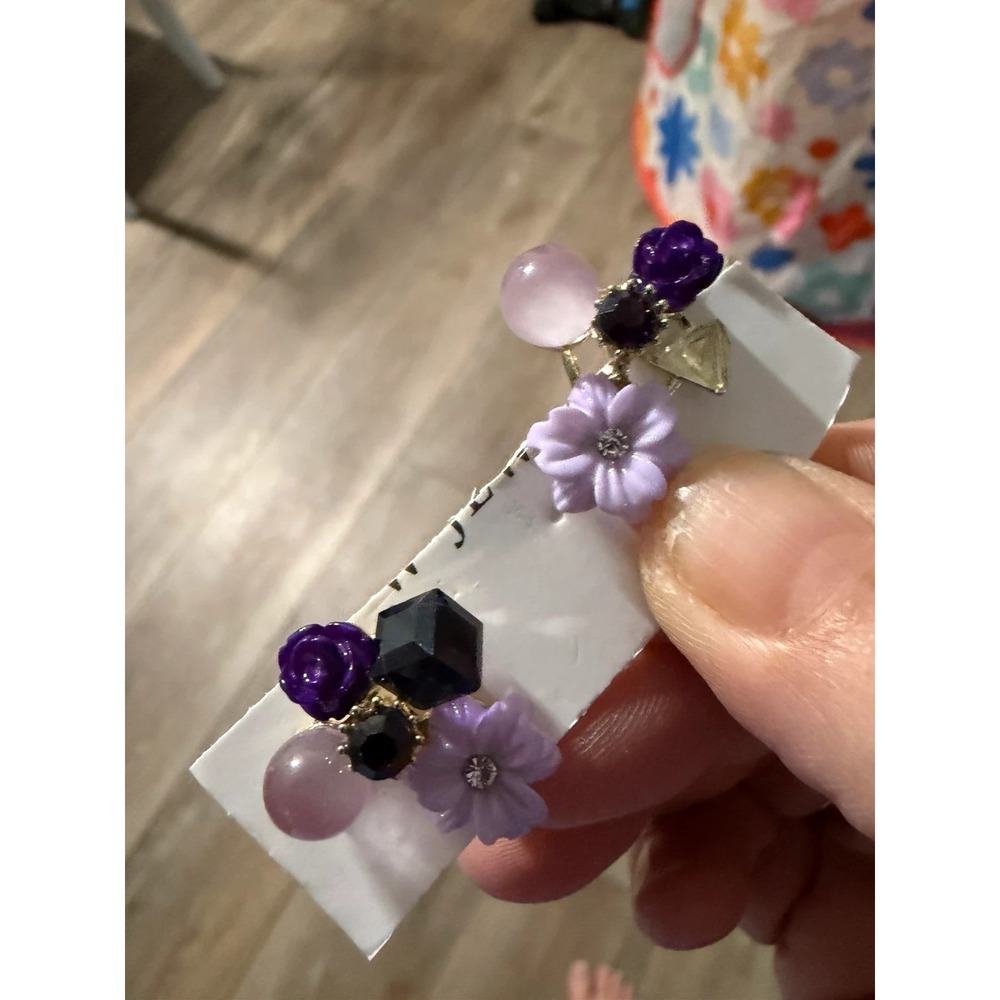 Vintage Purple Floral Cluster Stud Earrings Tone | Rose, Crystal & Faux Pearl
